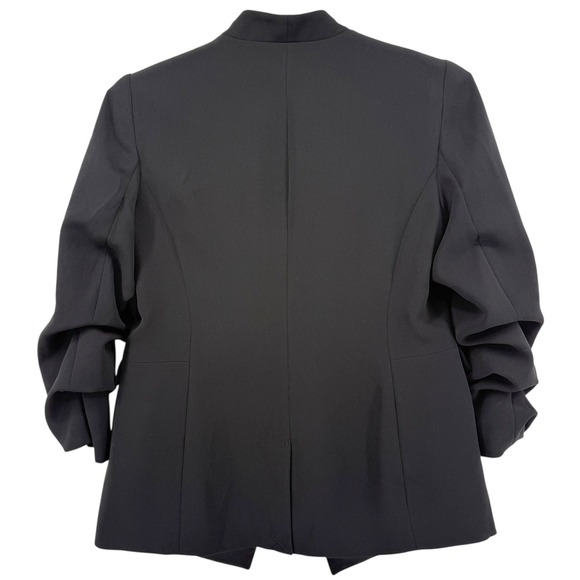 Chicos Black Blazer Jacket Ruched Sleeve Collarless Open Front Size 1 or Medium - Picture 2 of 9
